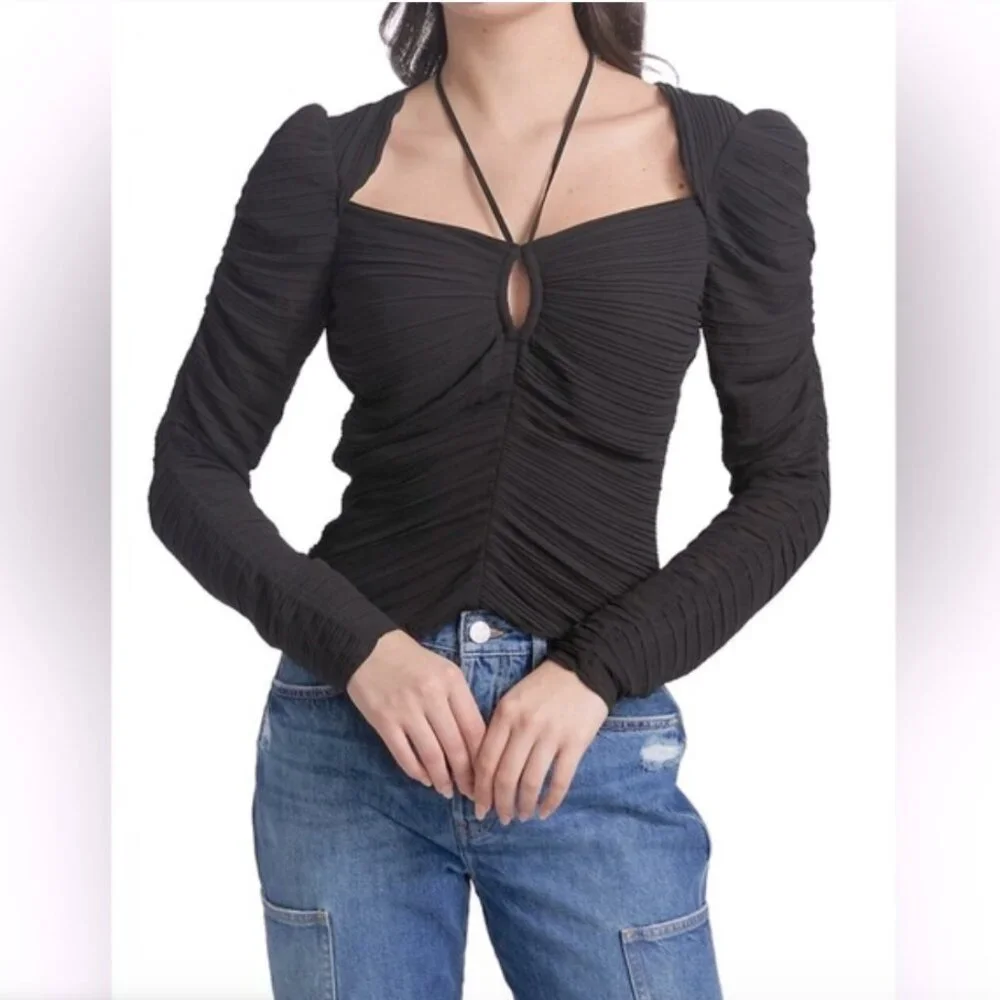 FRAME (NWT) Gathered Keyhole Tie Neck Top, Plissé-Crepe, Size L